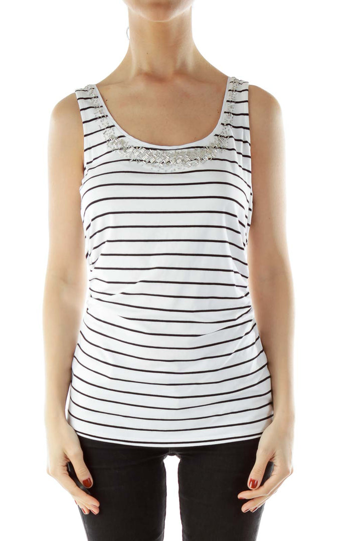 White Striped Beaded Tank Top