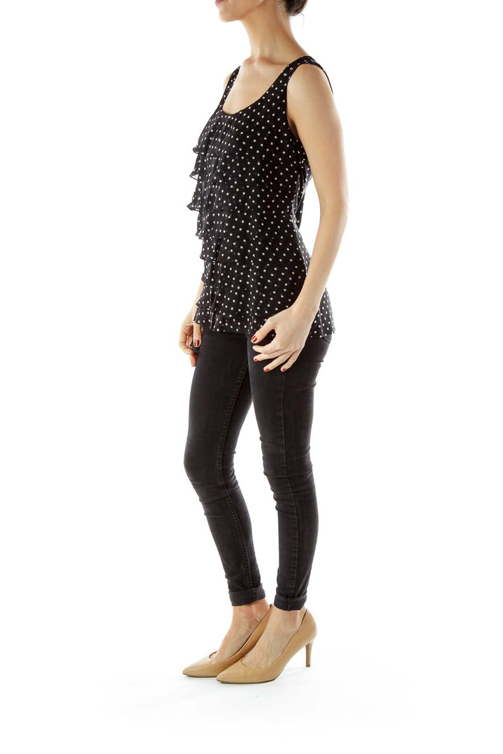 Black White Polka-Dot Ruffle Tank