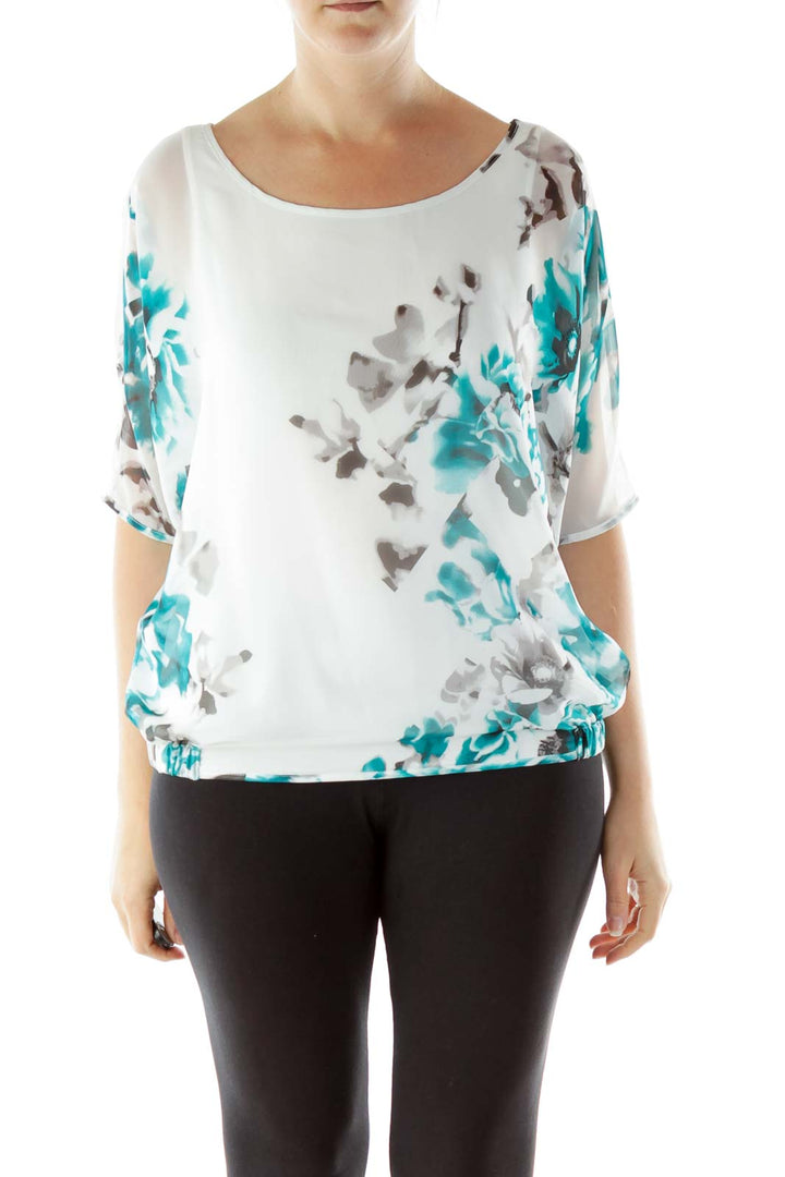 White Blue Floral Print Blouse