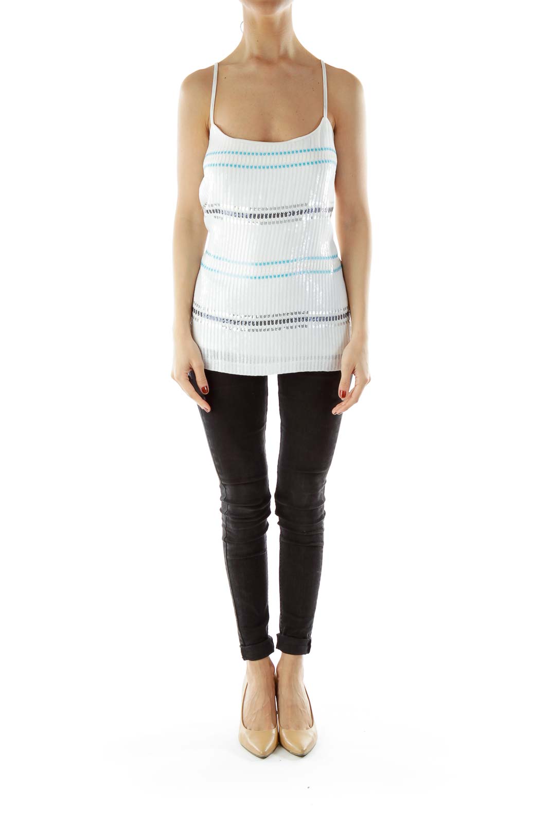 White Blue Sequined Tank Top