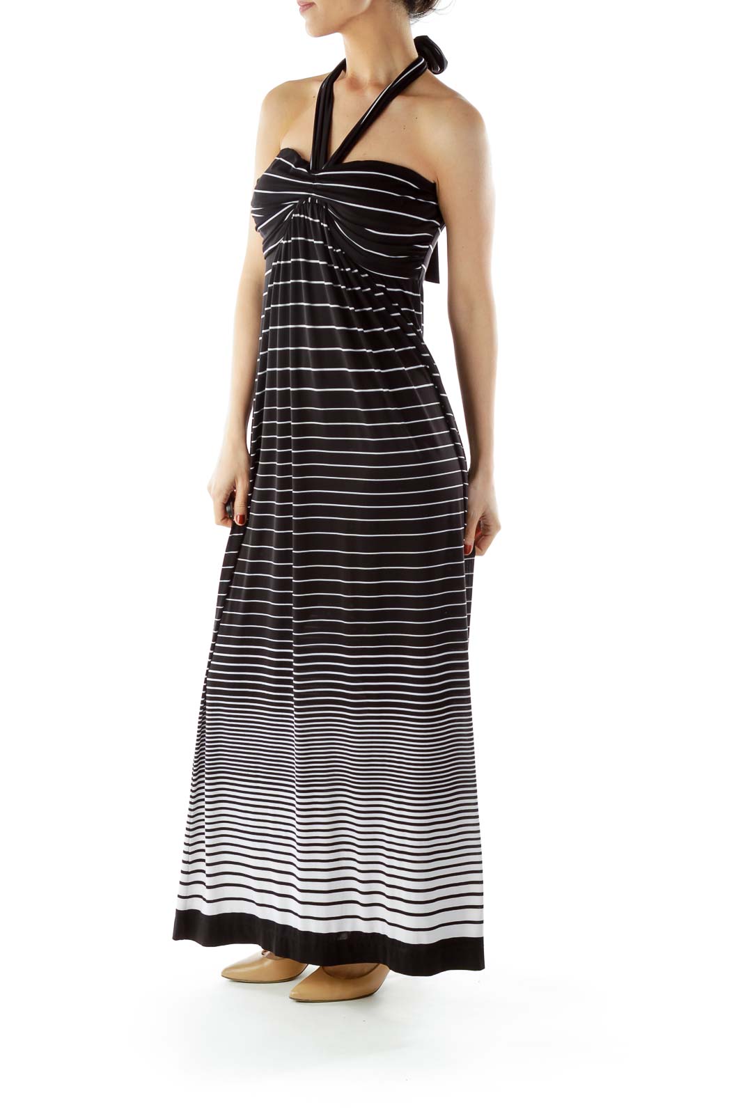 Black White Striped Halter Maxi Dress