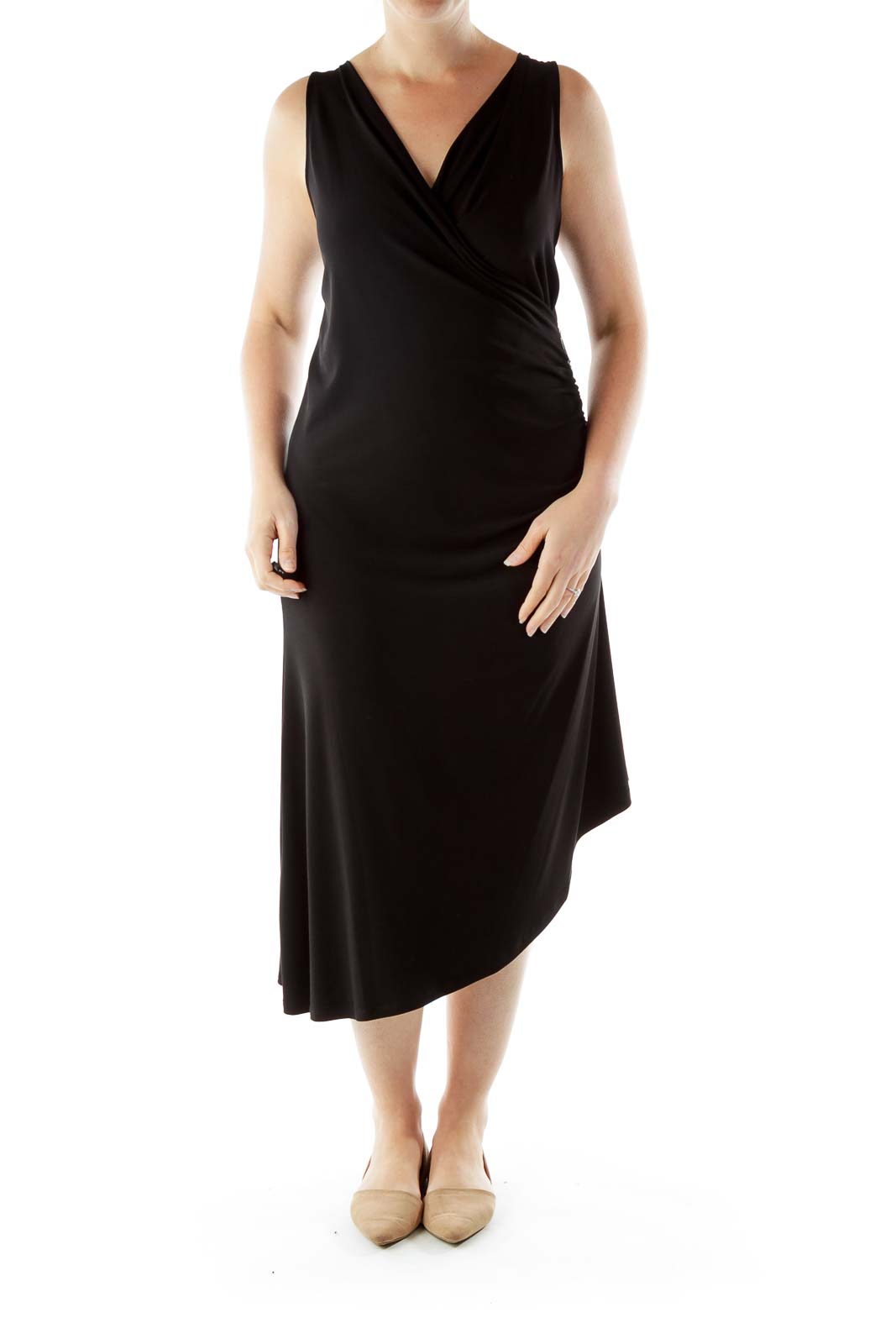 Black Sleeveless Wrap Work Dress