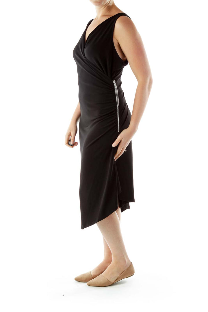 Black Sleeveless Wrap Work Dress