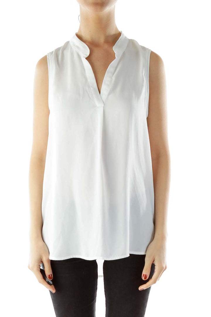 White Collared Sleeveless V-neck Blouse