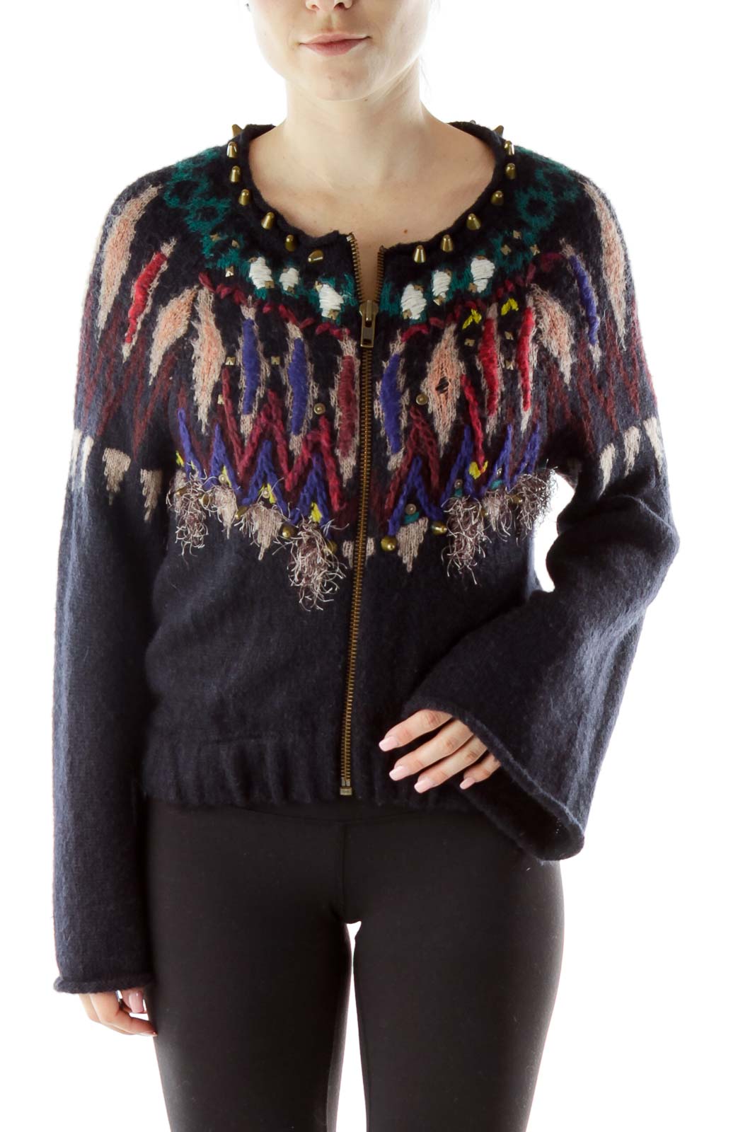 Front view of Free People multicolor embellished zip-up knit cardigan