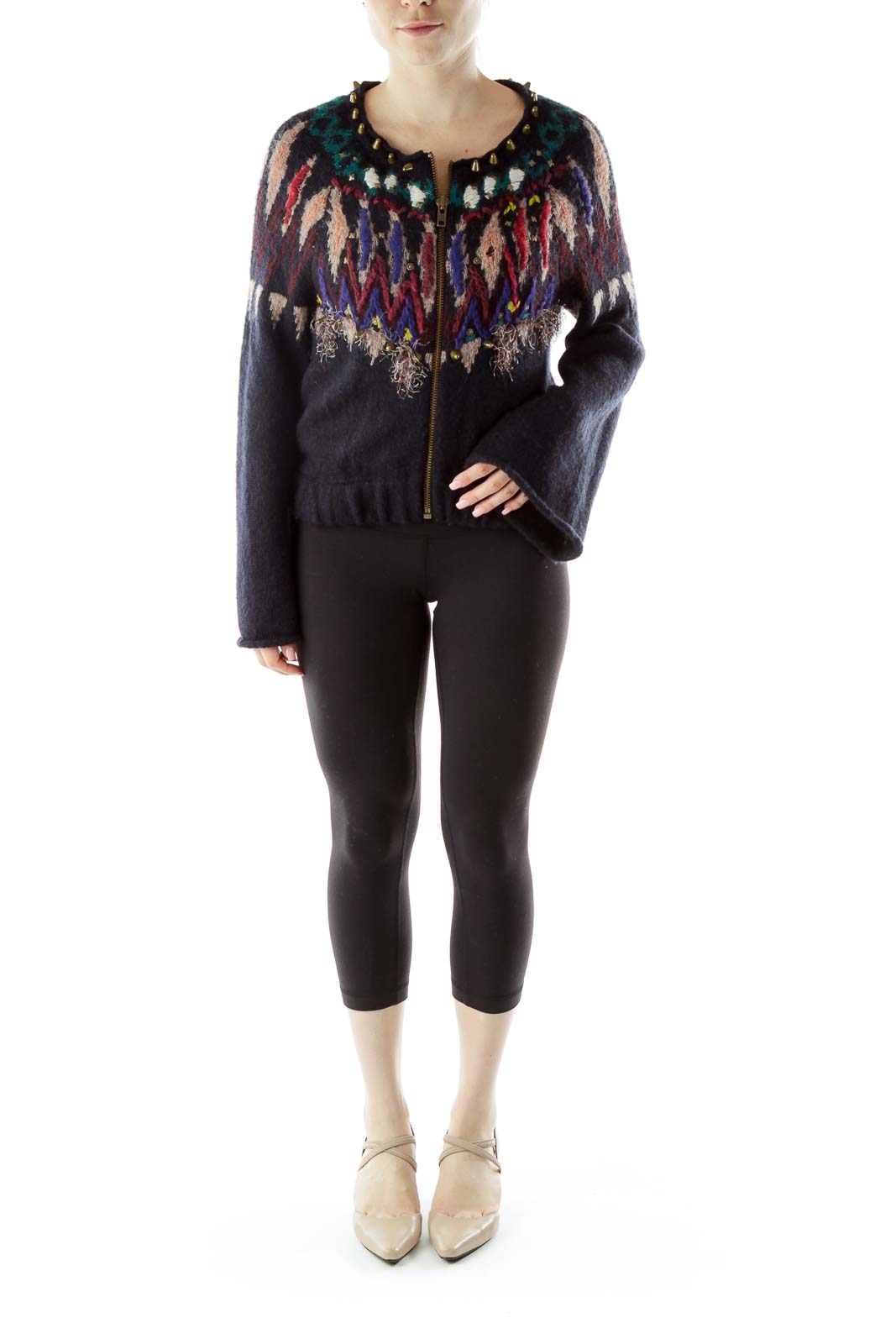 Front view of Free People multicolor embellished zip-up knit cardigan