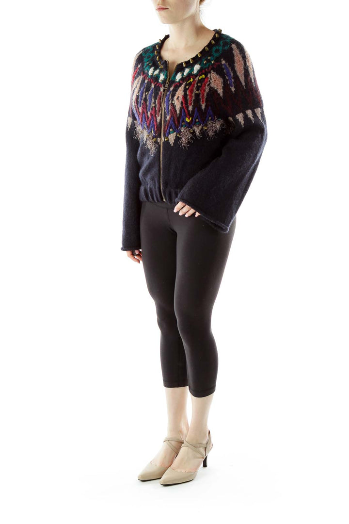 Front view of Free People multicolor embellished zip-up knit cardigan