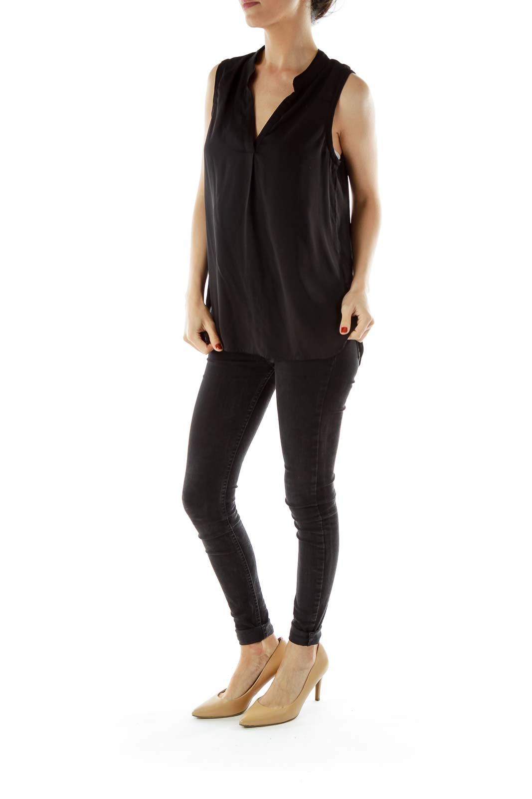 Black Sleeveless V-neck Blouse