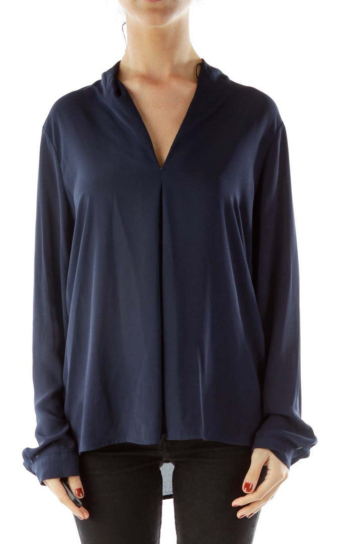 Navy V-neck Long-sleeve Blouse