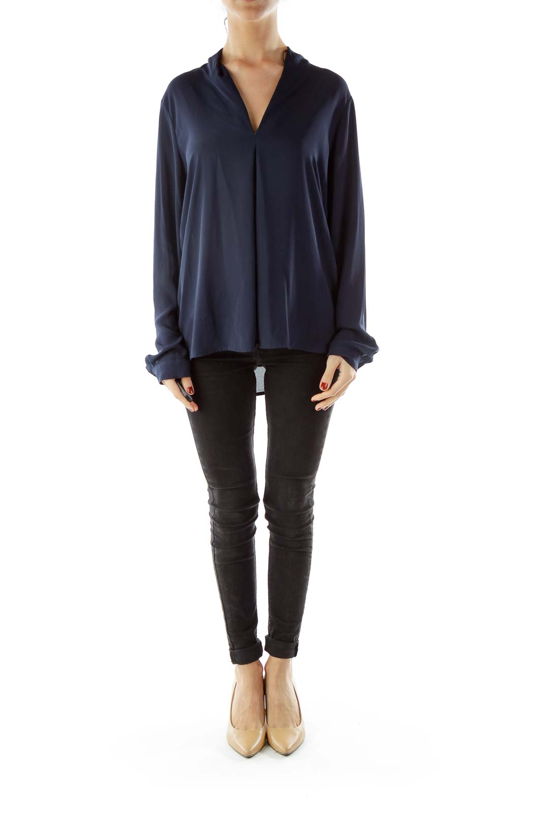 Navy V-neck Long-sleeve Blouse