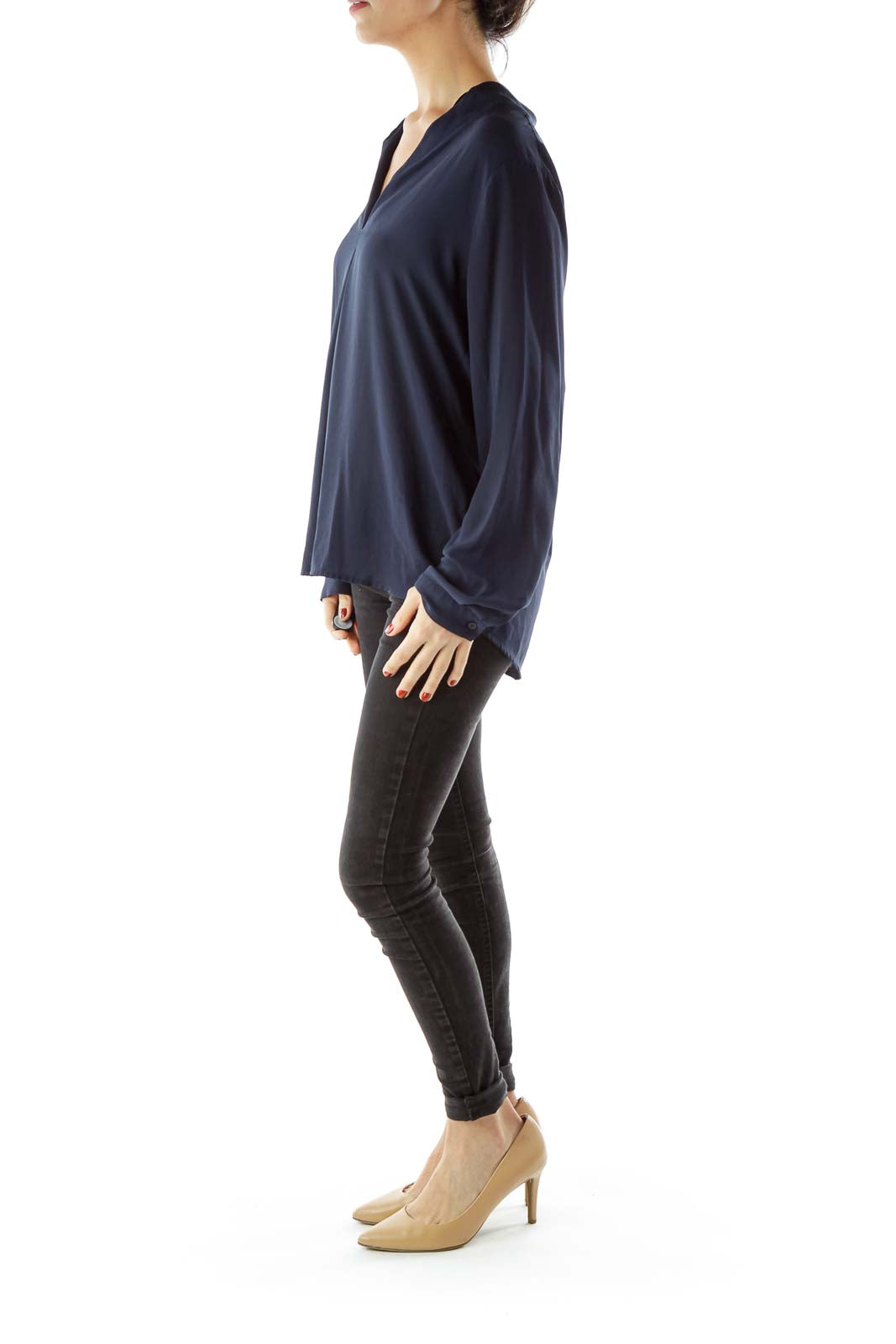 Navy V-neck Long-sleeve Blouse