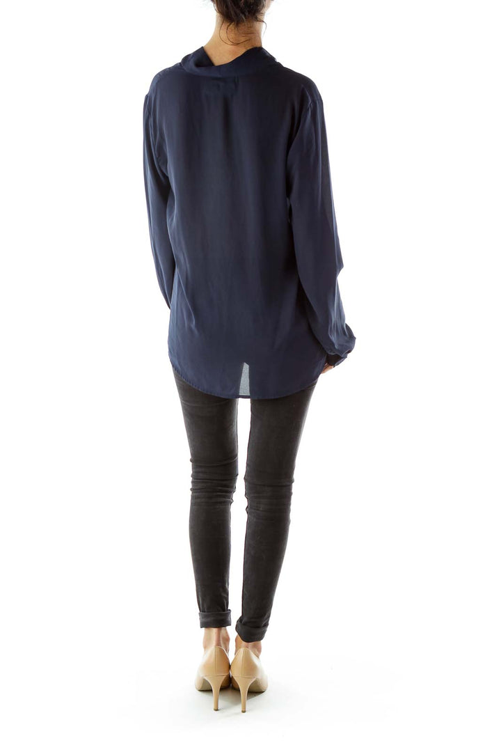 Navy V-neck Long-sleeve Blouse