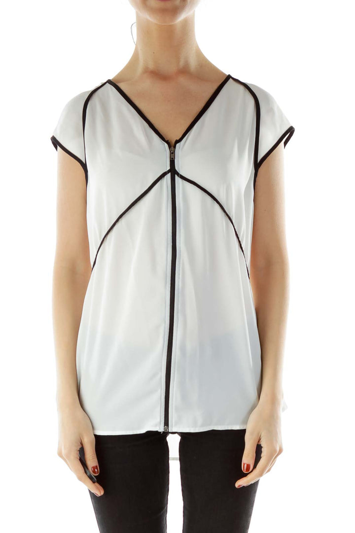 White Zippered V-neck Sleeveless Blouse