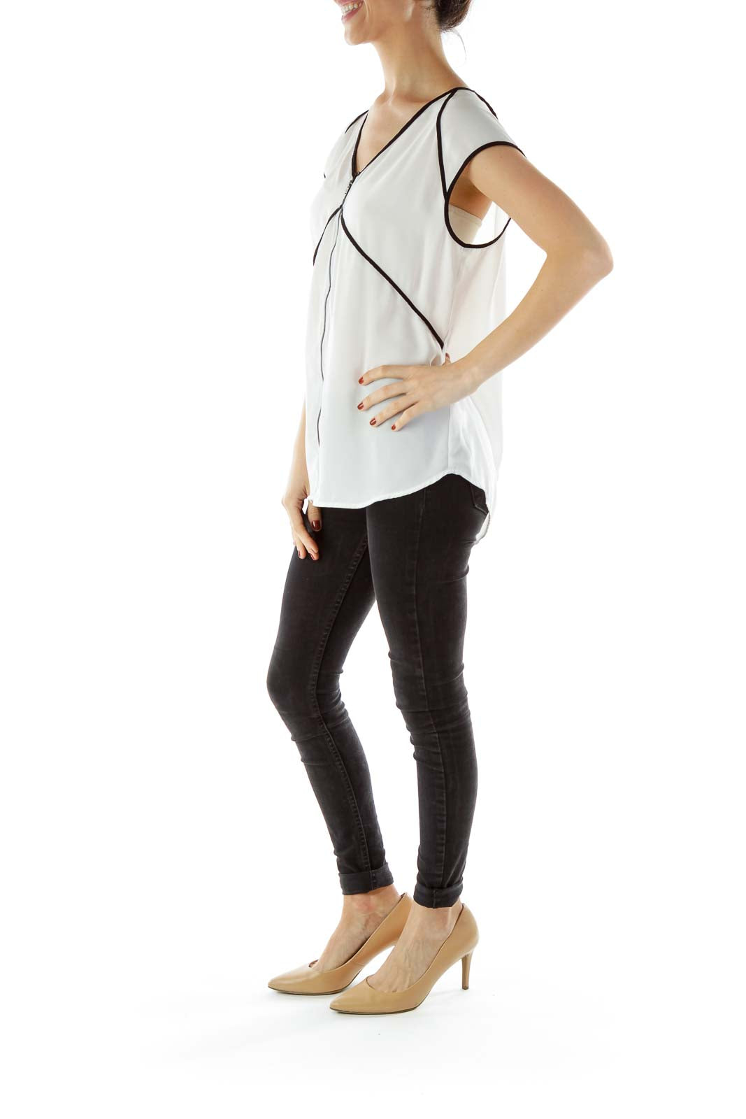 White Zippered V-neck Sleeveless Blouse