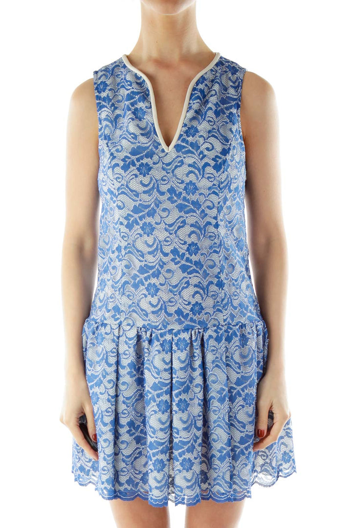 Blue Lace Sleeveless V-Neck Day Dress