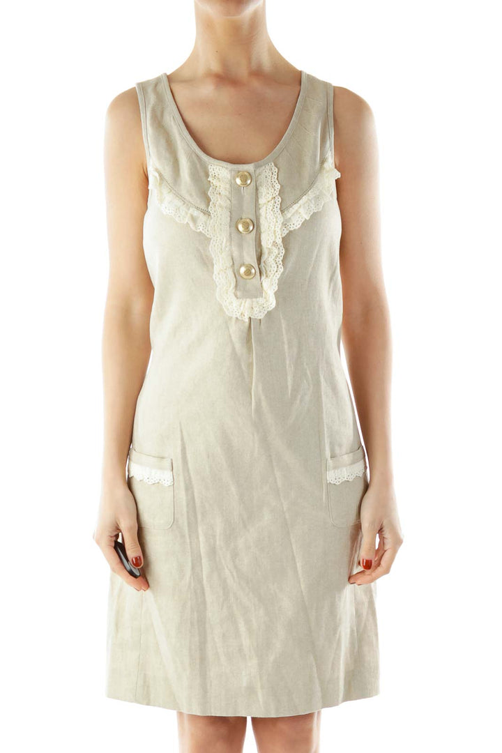 Beige Buttoned Pocketed Sleeveless Day Dress