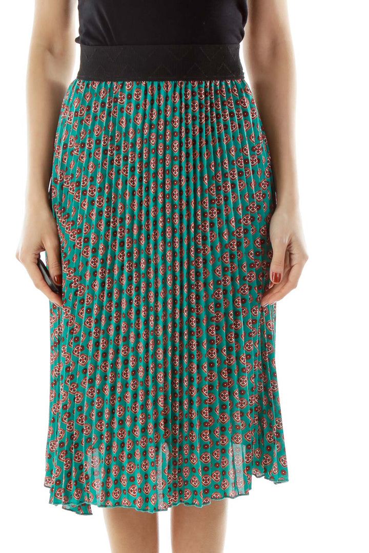 Blue Green Print Pleated Skirt