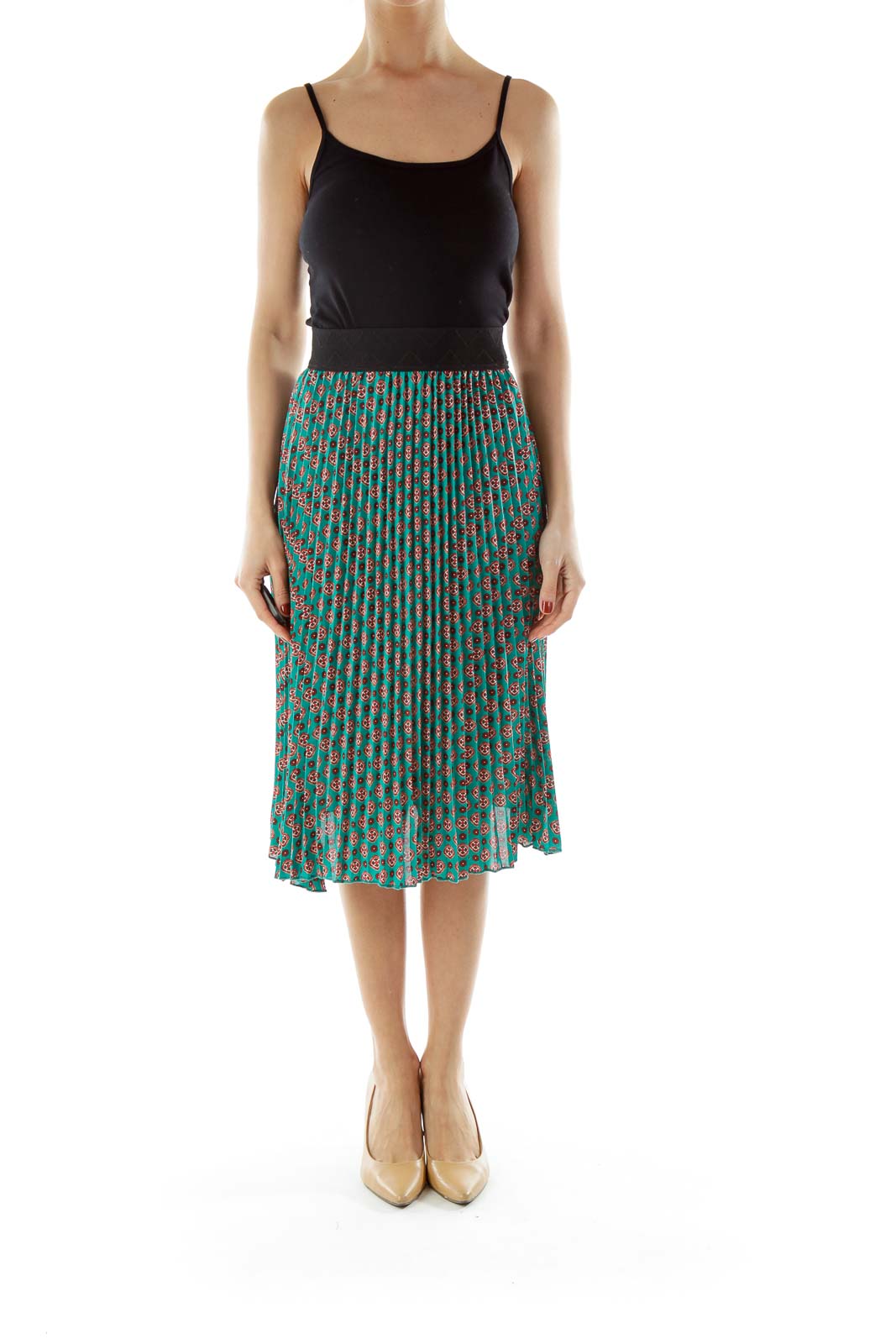 Blue Green Print Pleated Skirt