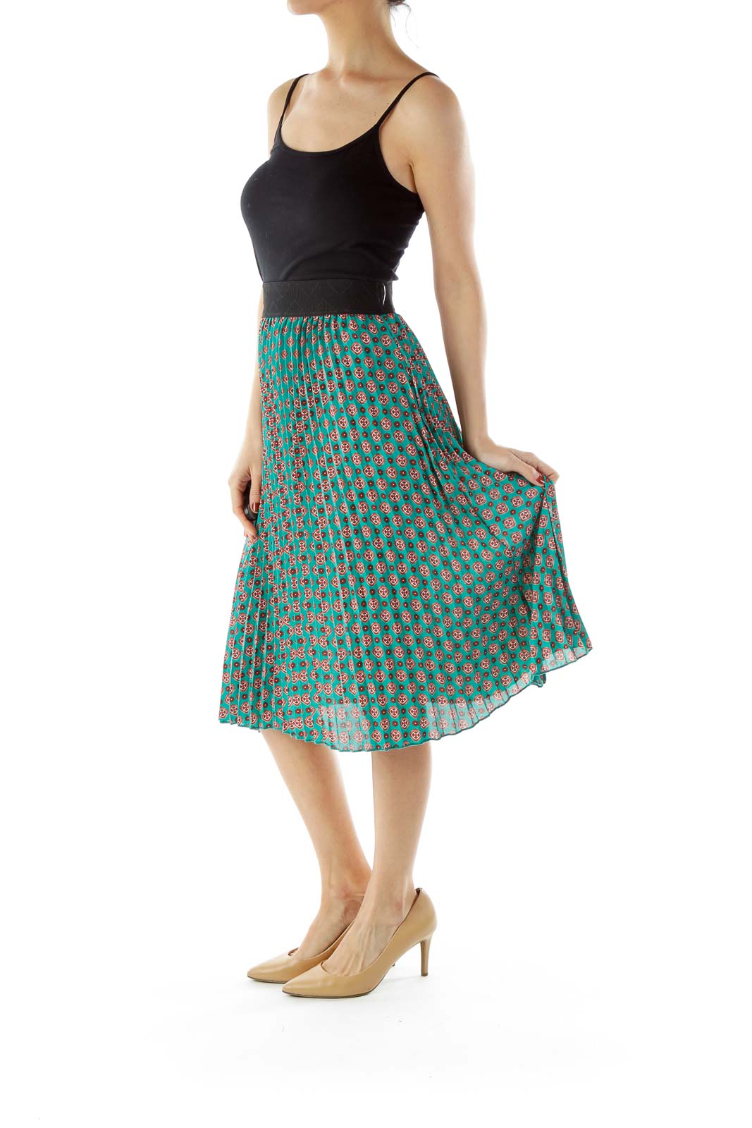 Blue Green Print Pleated Skirt