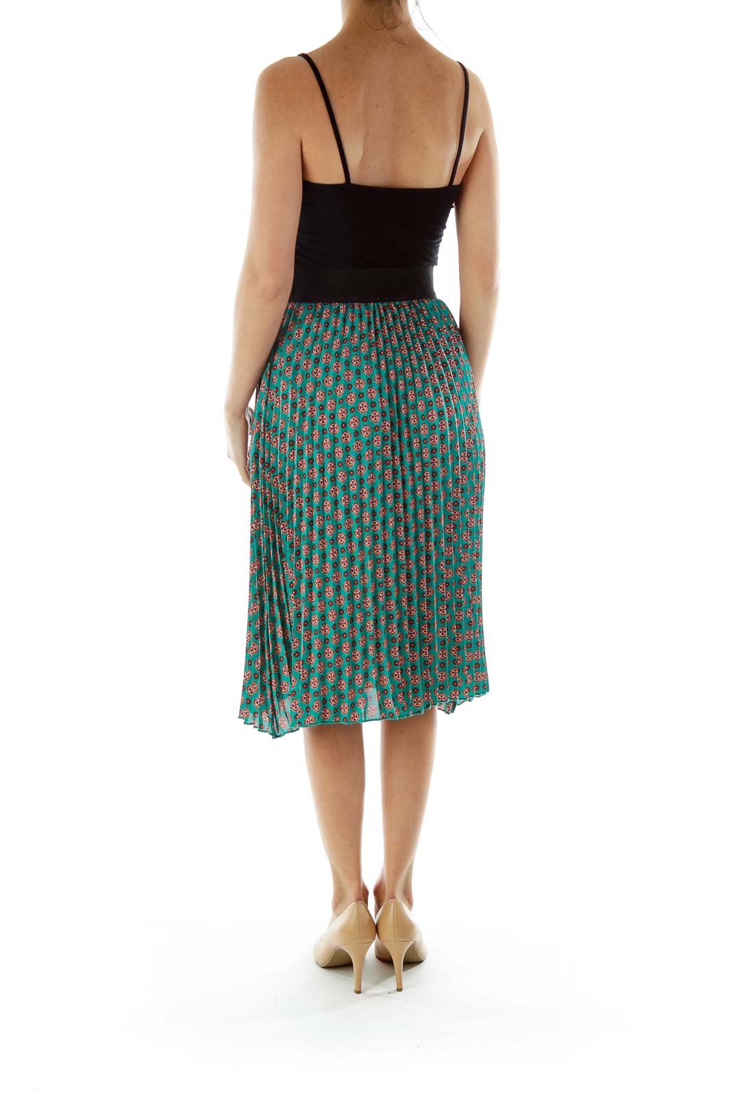 Blue Green Print Pleated Skirt