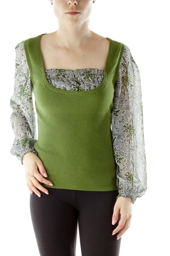 Green Blue Blouse with Knit Vest