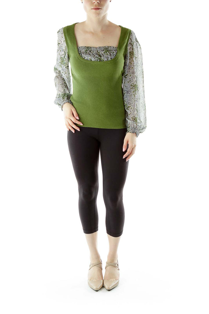 Green Blue Blouse with Knit Vest