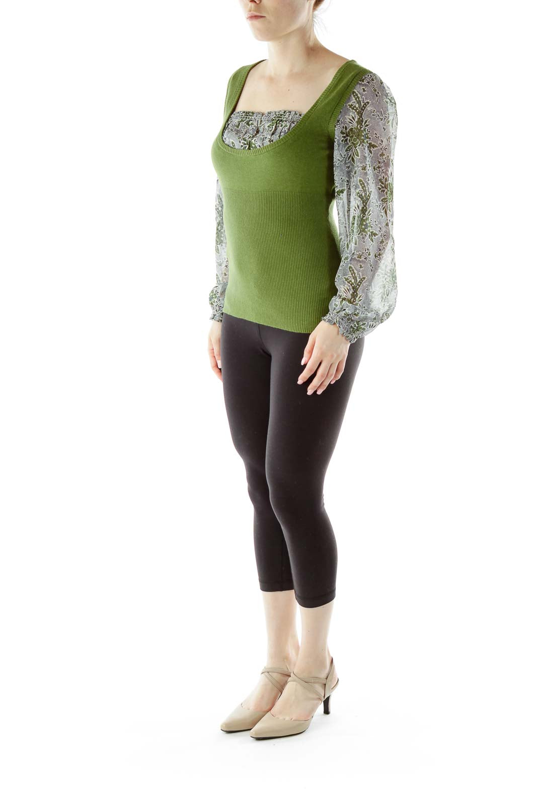 Green Blue Blouse with Knit Vest