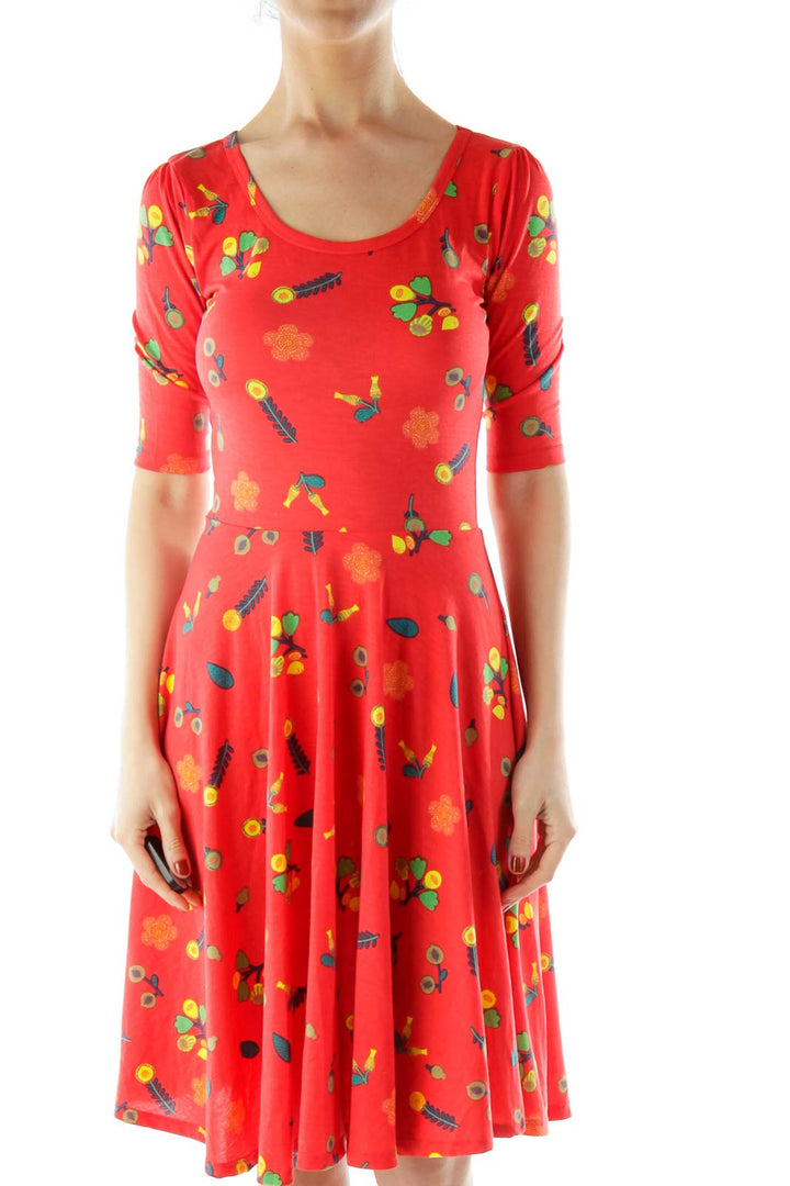 Red Flower Print A-Line Dress