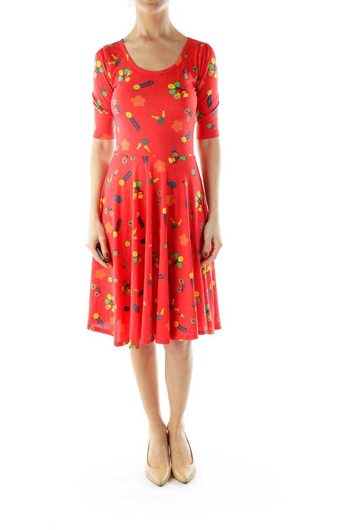 Red Flower Print A-Line Dress