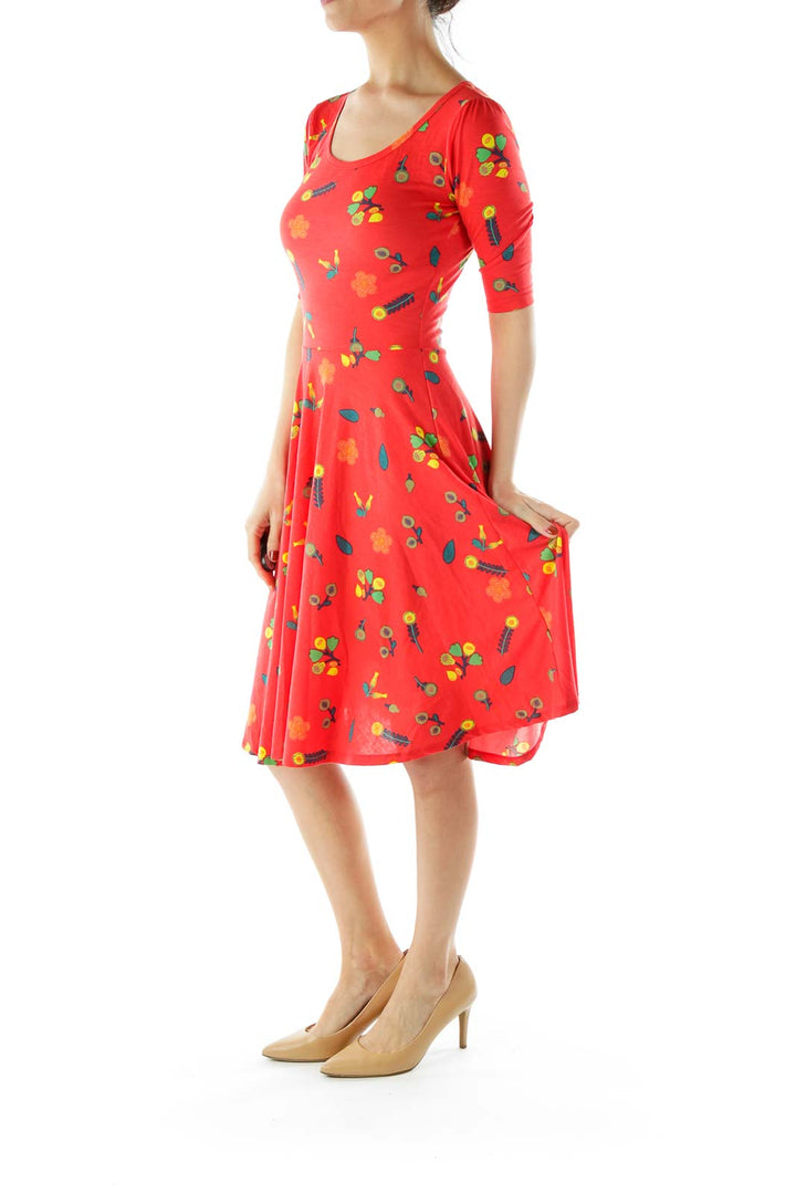 Red Flower Print A-Line Dress