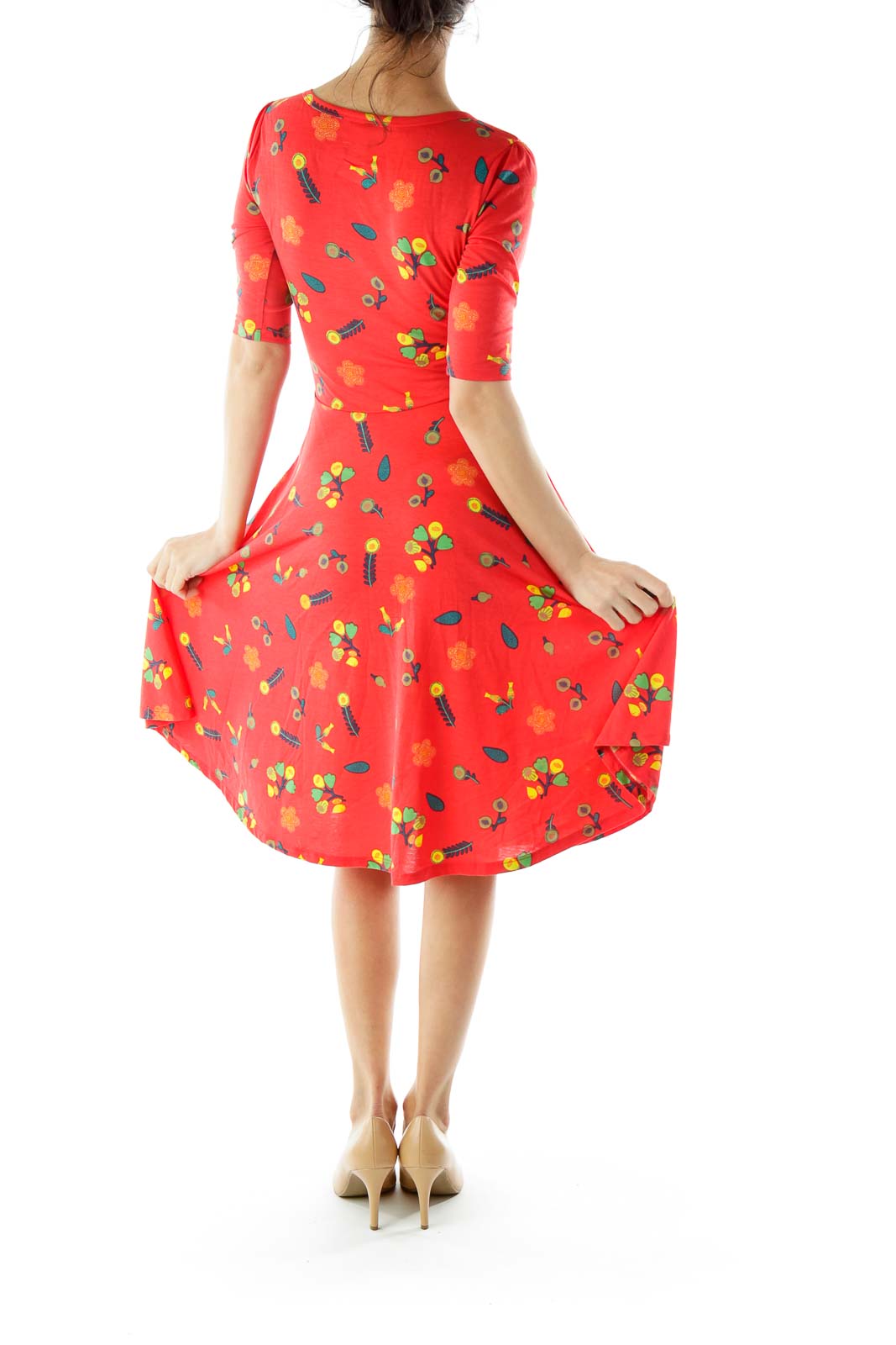 Red Flower Print A-Line Dress