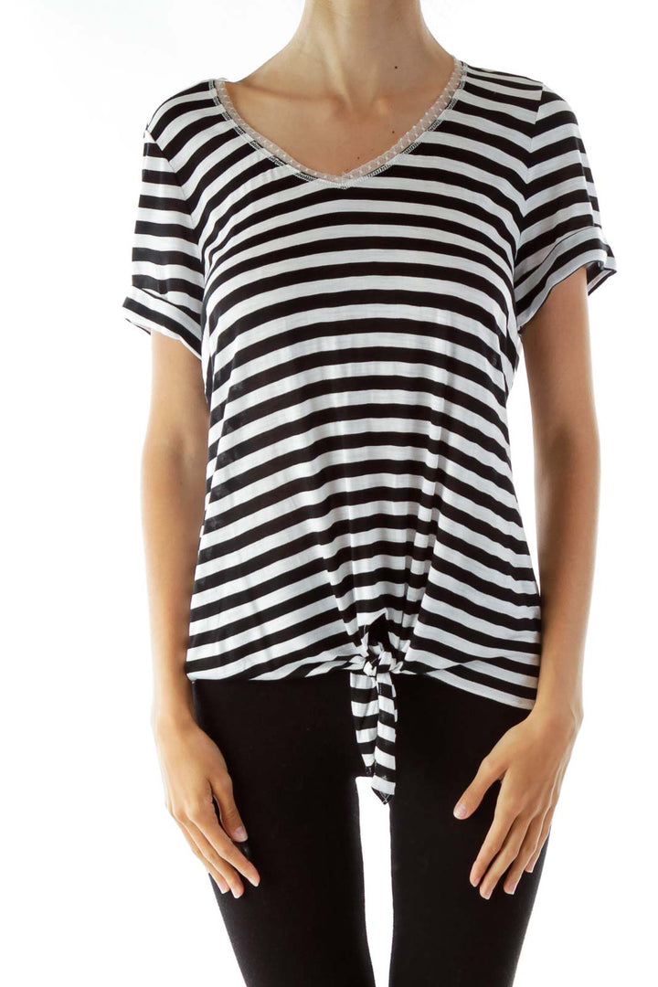 Black White Striped V-neck T-Shirt