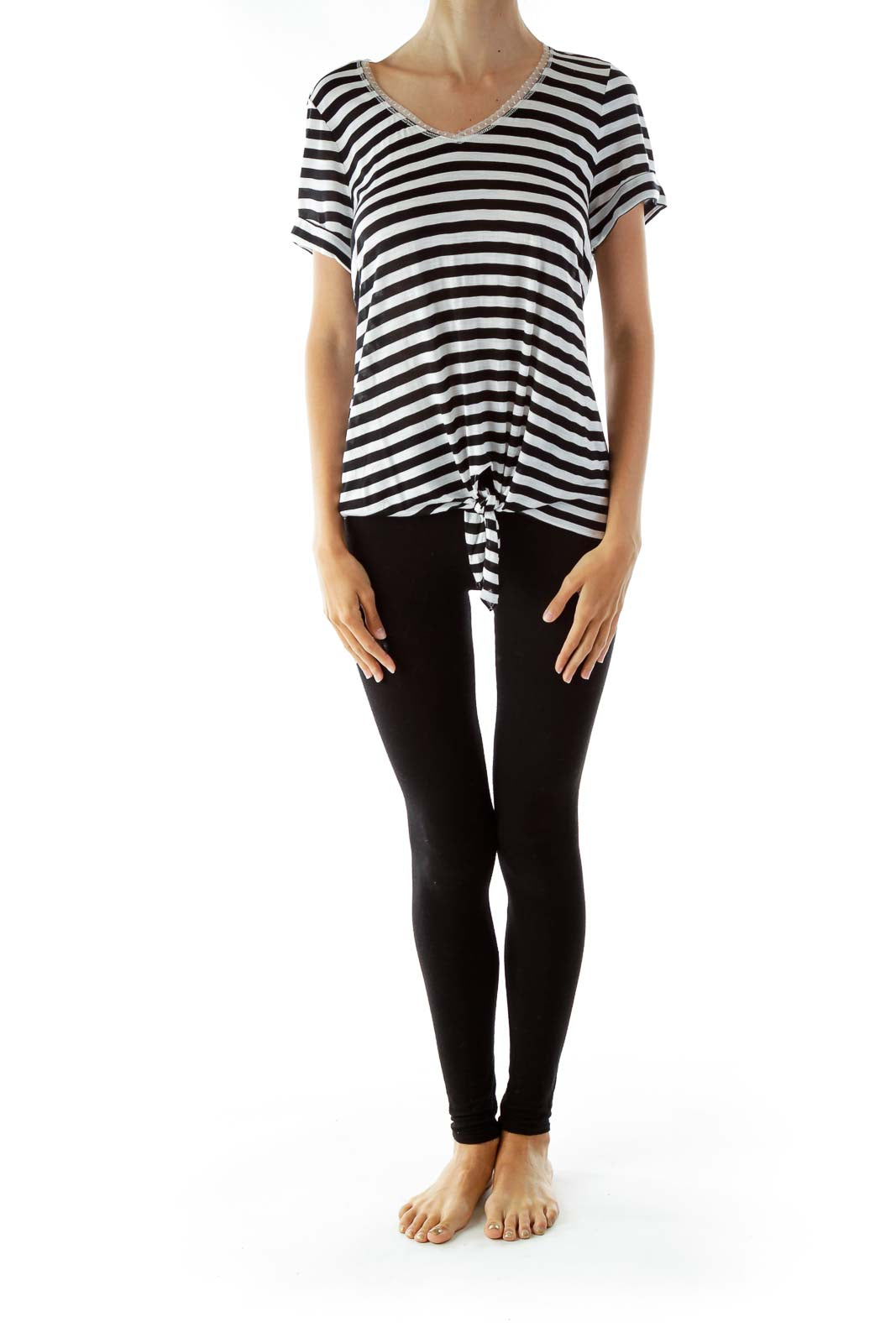 Black White Striped V-neck T-Shirt