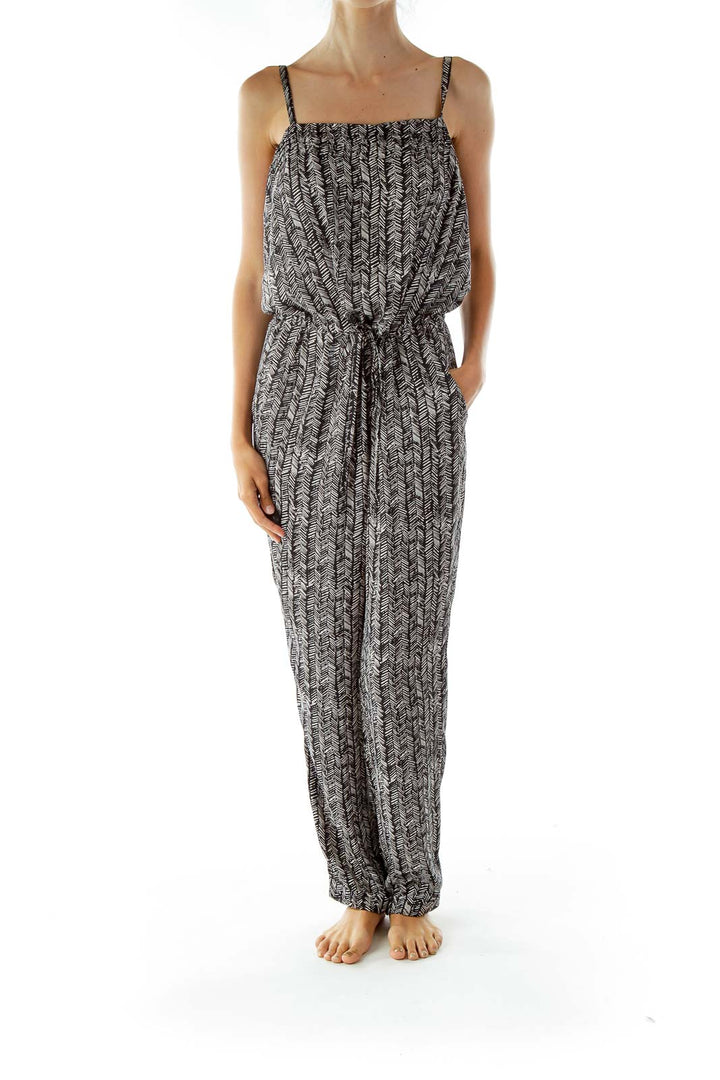 Black Beige Print Sleeveless Jumpsuit