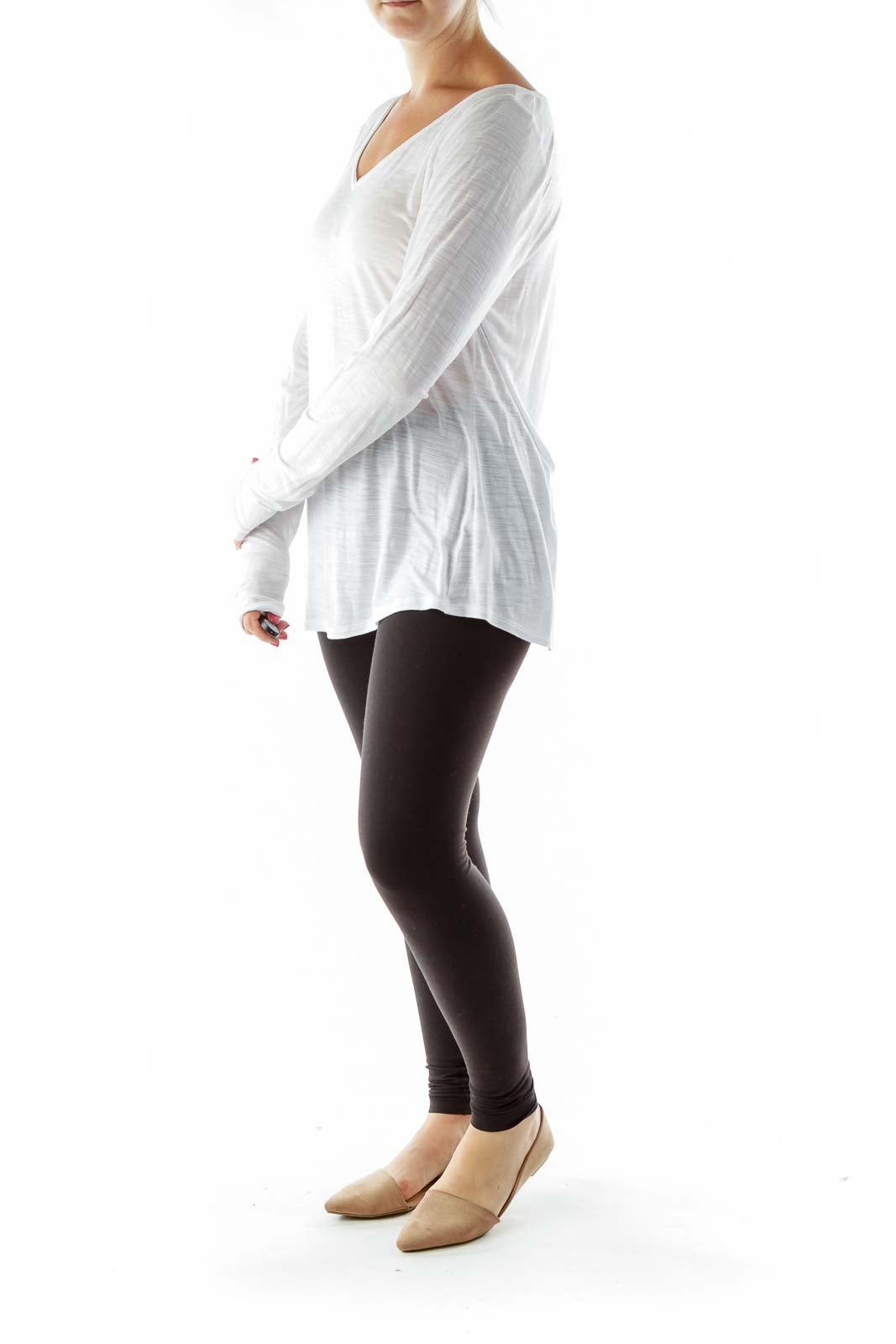 White V-neck Long-sleeve Shirt