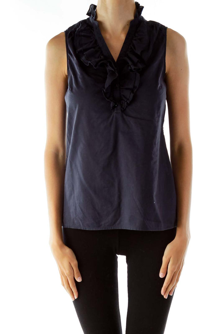 Navy Buttoned V-neck Blouse