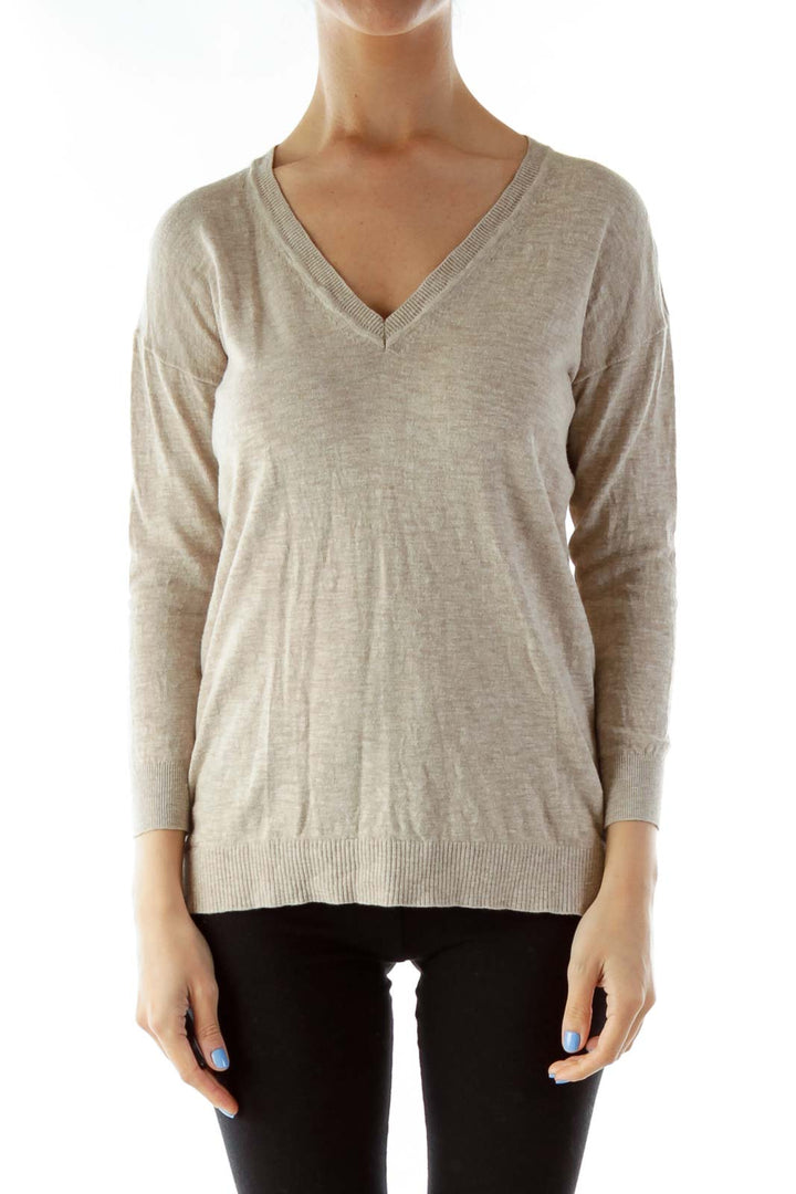 Beige V-Neck Knit Sweater