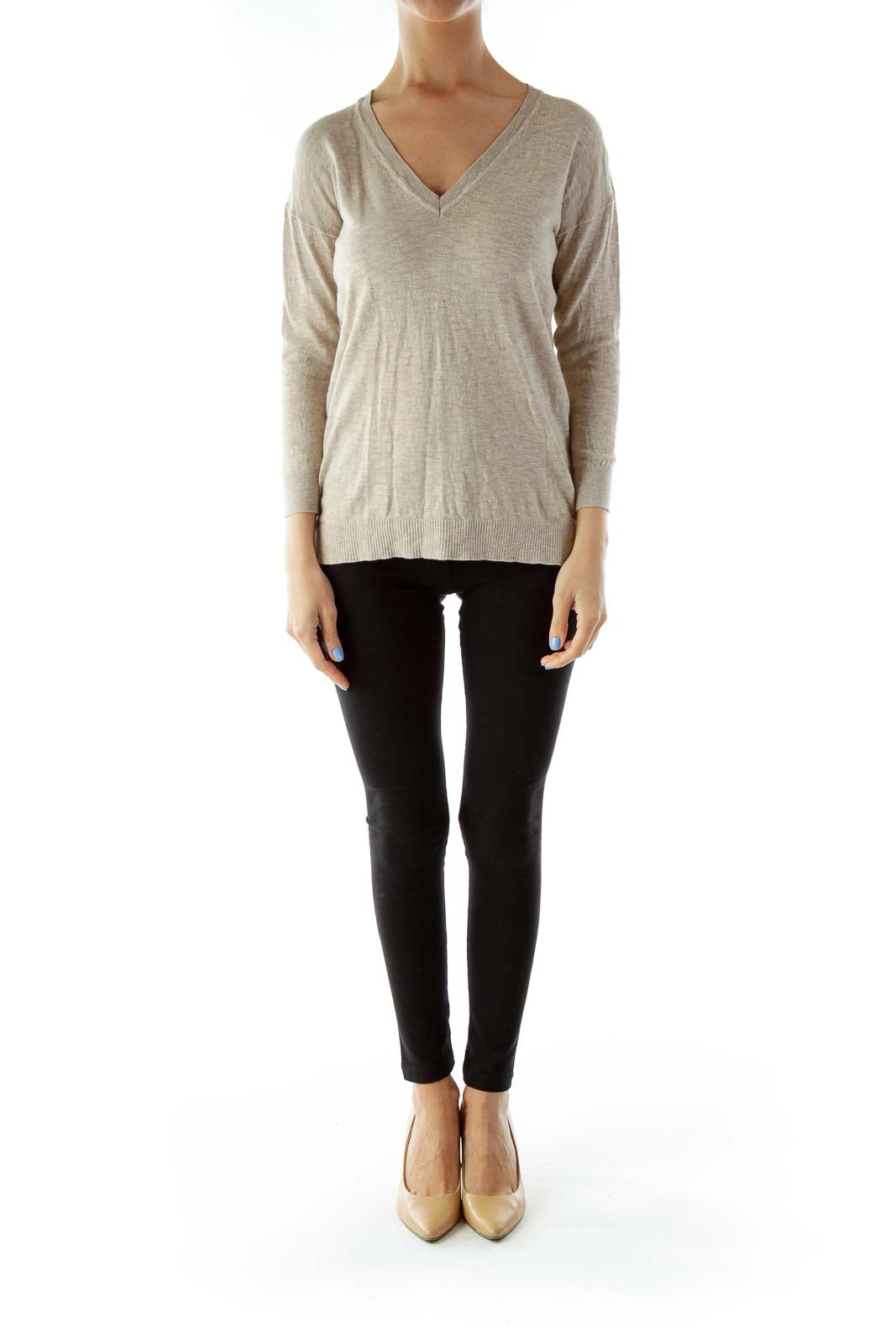 Beige V-Neck Knit Sweater