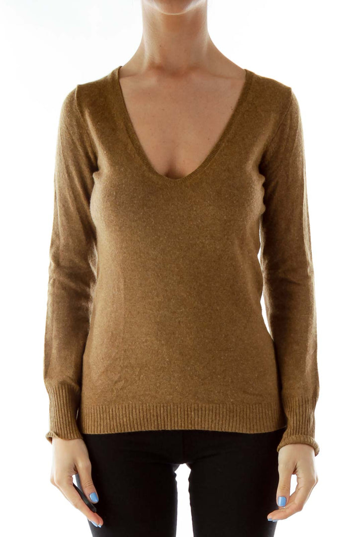 Brown V-Neck Knit Sweater