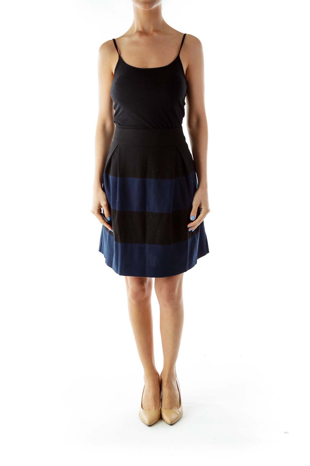 Black Blue Flared Striped Skirt