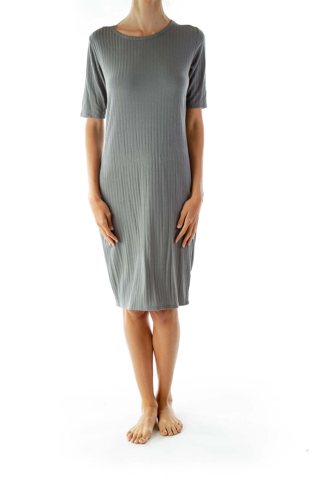 Gray Embossed Striped T-Shirt Dress