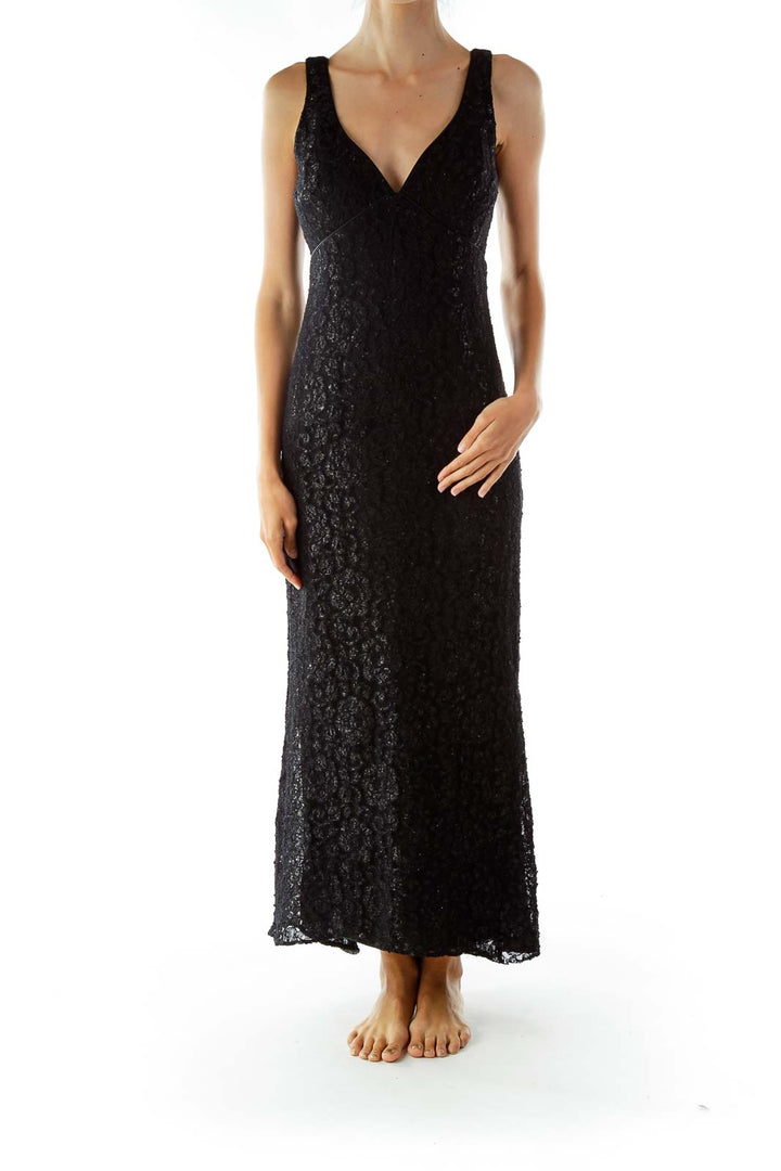 Black Lace Shimmer V-neck Sleeveless Evening Dress