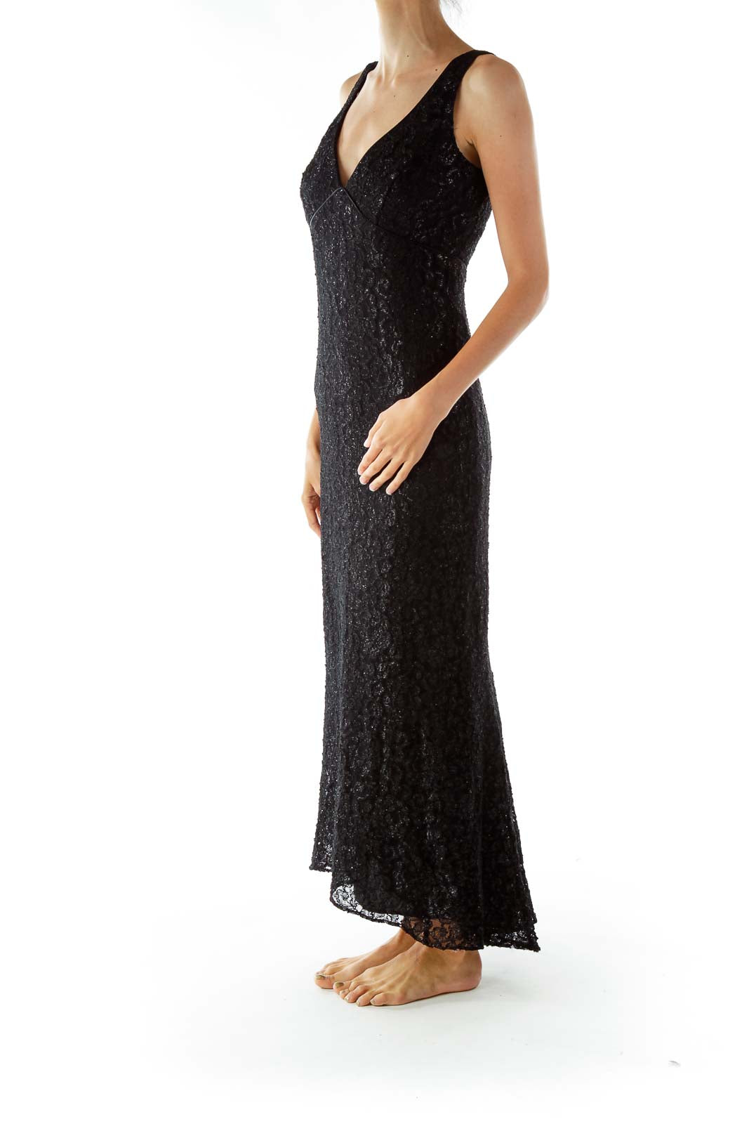 Black Lace Shimmer V-neck Sleeveless Evening Dress