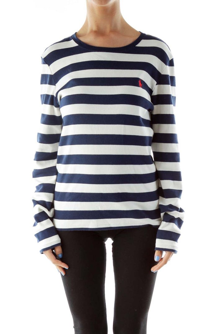 Navy White Striped Round Neck Top