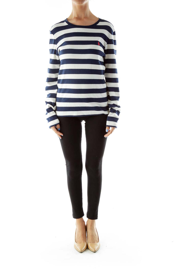 Navy White Striped Round Neck Top