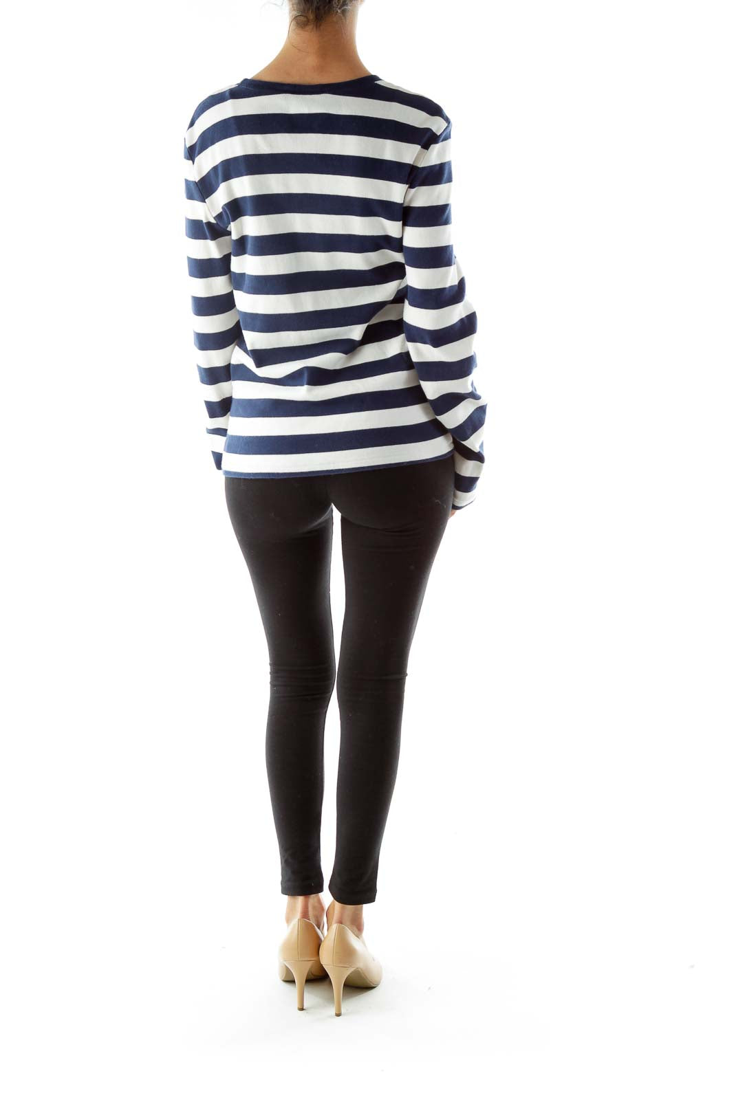 Navy White Striped Round Neck Top