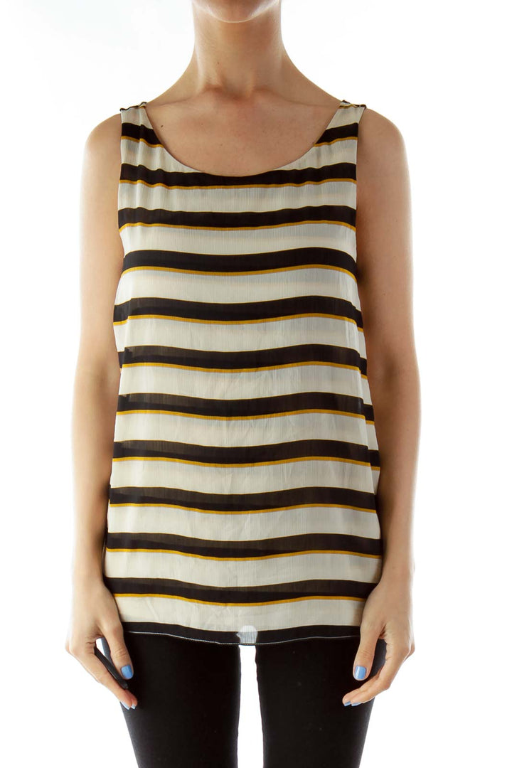 Brown Black Striped Sleeveless Blouse