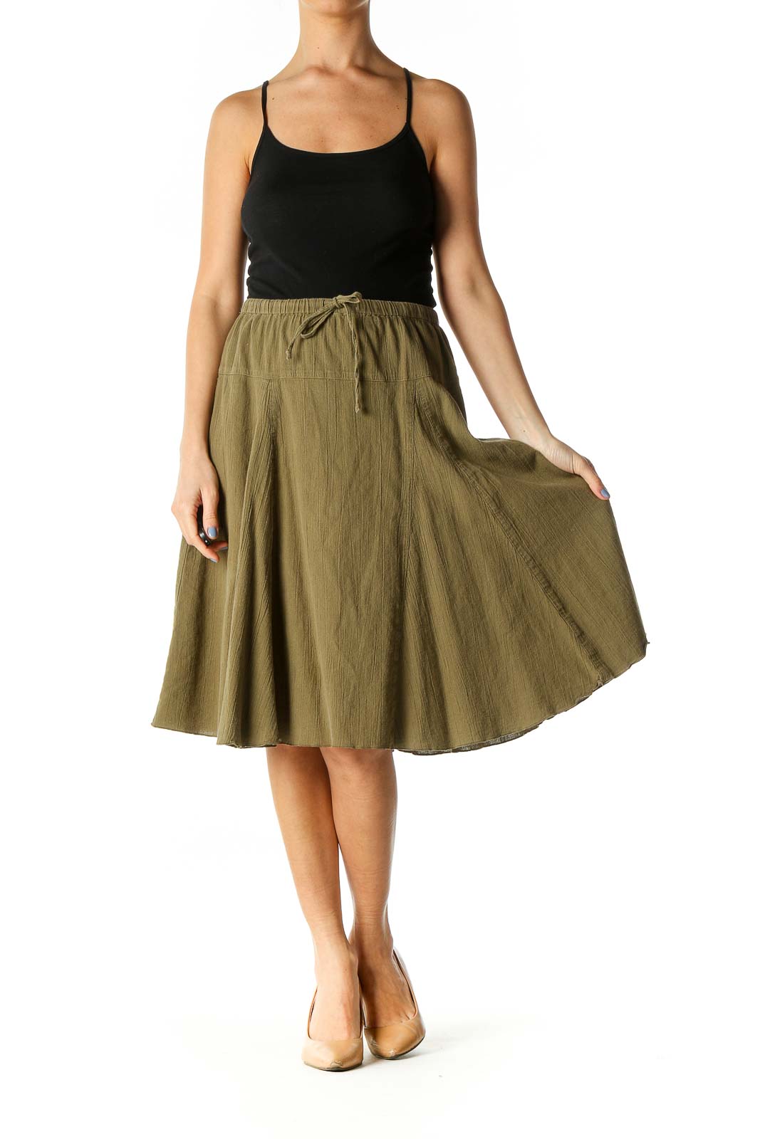 Green Flared Knee-Length Skirt