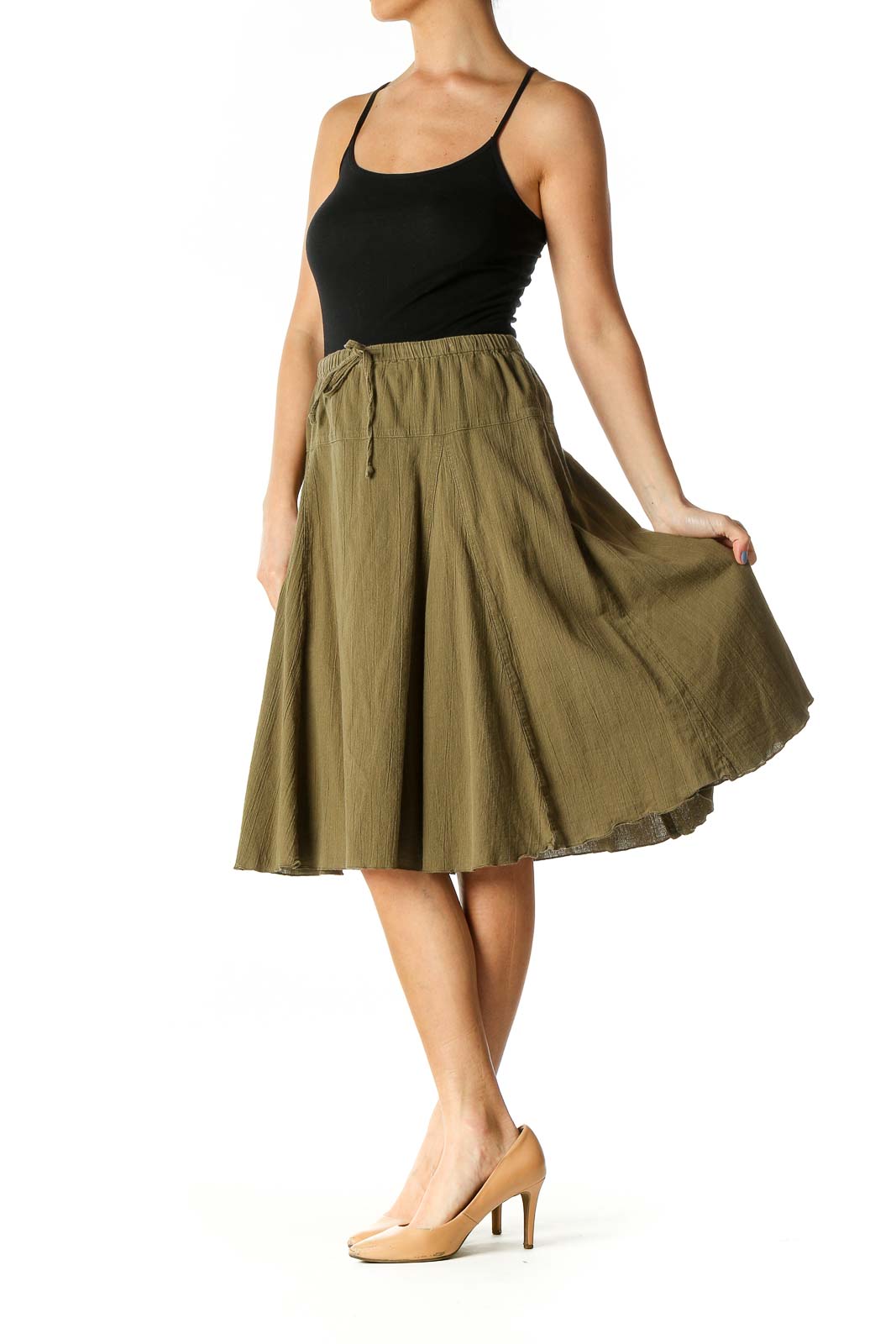 Green Flared Knee-Length Skirt