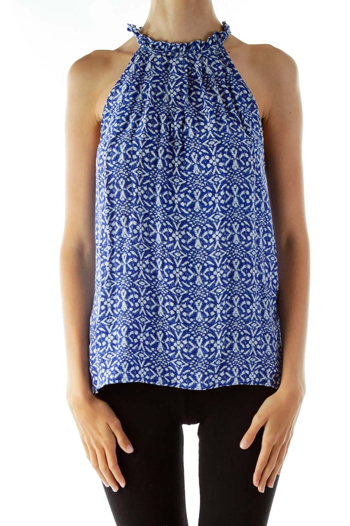 Blue White Print Sleeveless Blouse